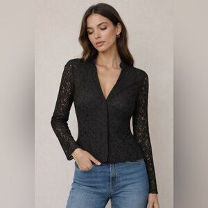 Kate Hill Black Lace Shirt Jacket Snap Button Blouse Size 10
